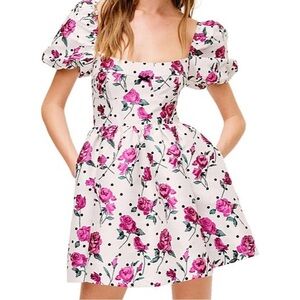For Love & Lemons Mini Dress Bobbie White Pink Floral Puff Sleeve Babydoll Sz 0